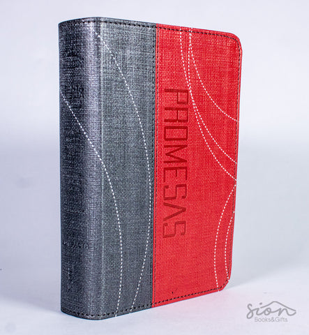 Biblia De Promesas/Compacta/PielEspecial/Gris Roja/Tamaño Bolsillo/Letra Grande